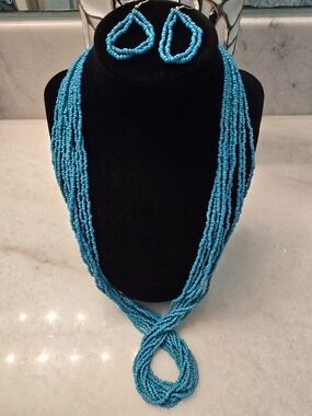 paparazzi Turquoise Multi-Strand Beaded Necklace with Matching Earrings 14"